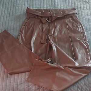 Brown Faux Leather Belted Pants